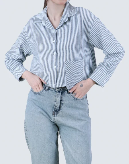 شومیز کتان یقه مردانه راه راه