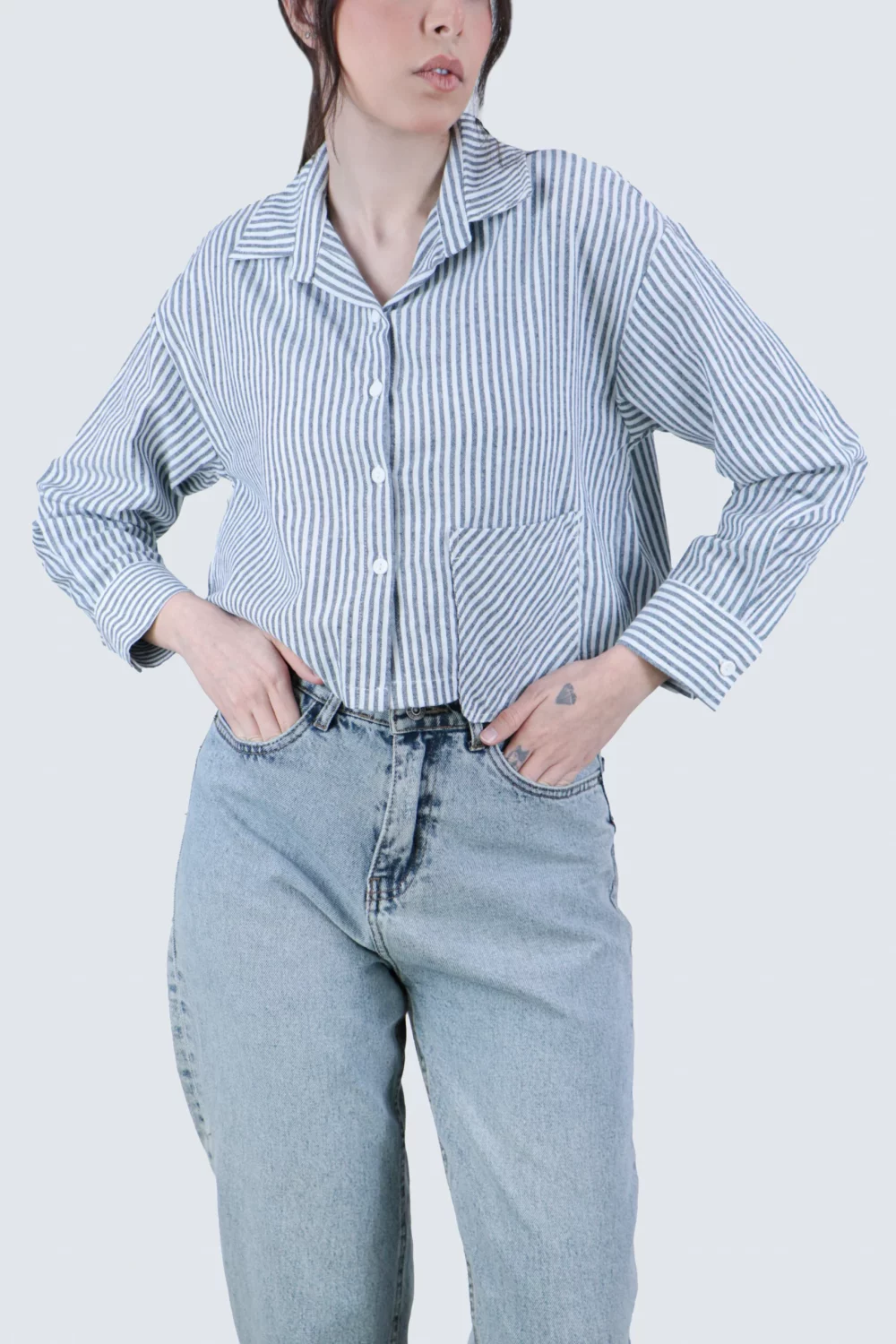 شومیز کتان یقه مردانه راه راه